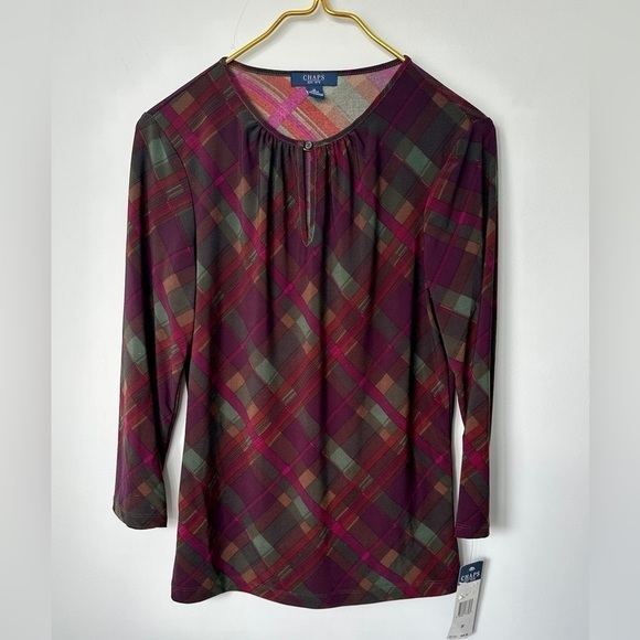 NWT Chaps Maroon Plaid 3/4 Sleeve Keyhole Neck Stretch Blouse Top Women’s Medium - Picture 1 of 5